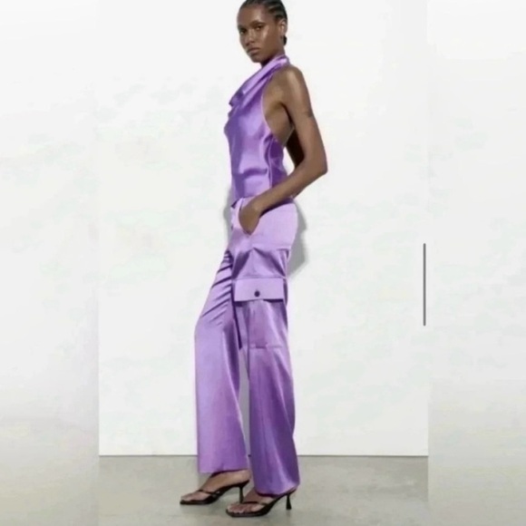 Zara Satin Lavender Cargo Pants Silky Straight Leg Utility Trousers Size XS - Picture 4 of 8